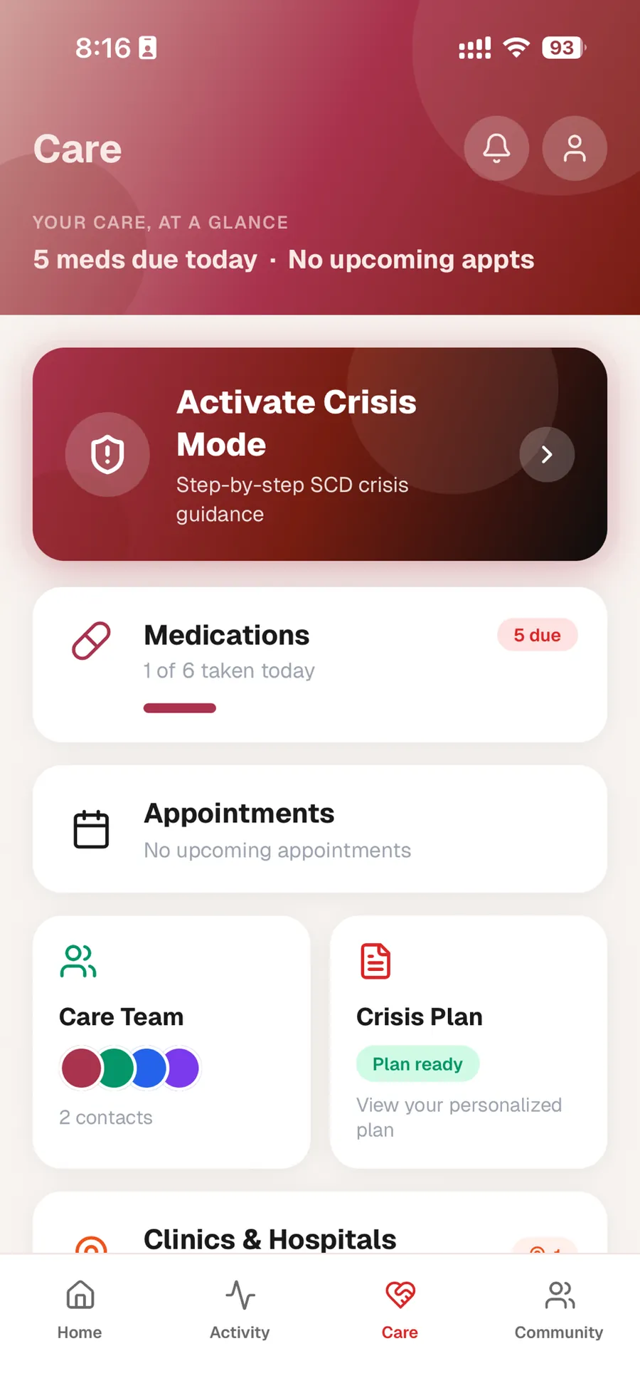 Care Hub screen in the Hemo sickle cell tracking app