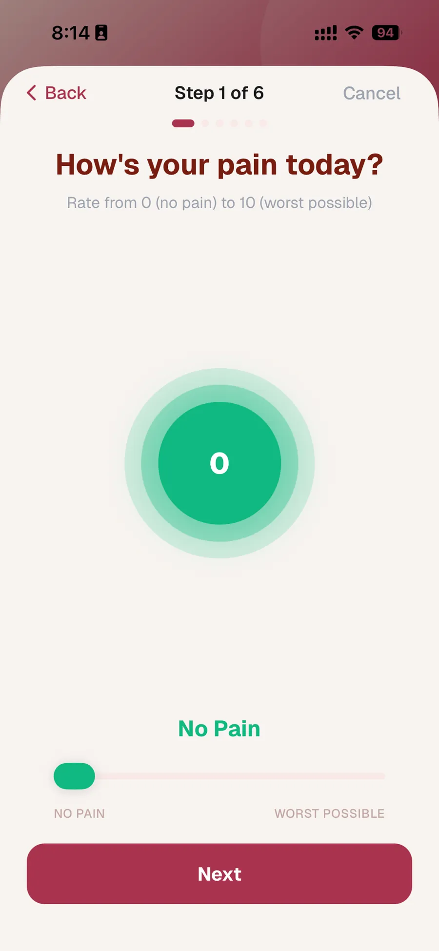 Daily Log screen in the Hemo sickle cell tracking app