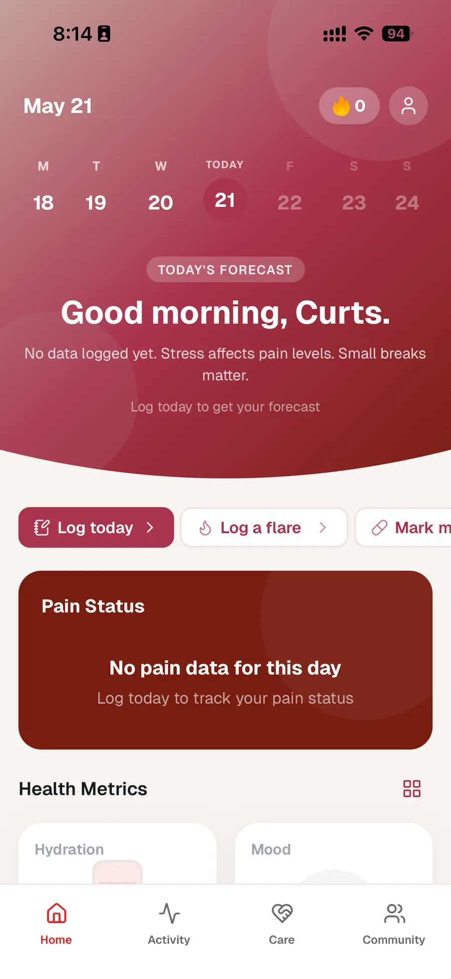 Home screen in the Hemo sickle cell tracking app